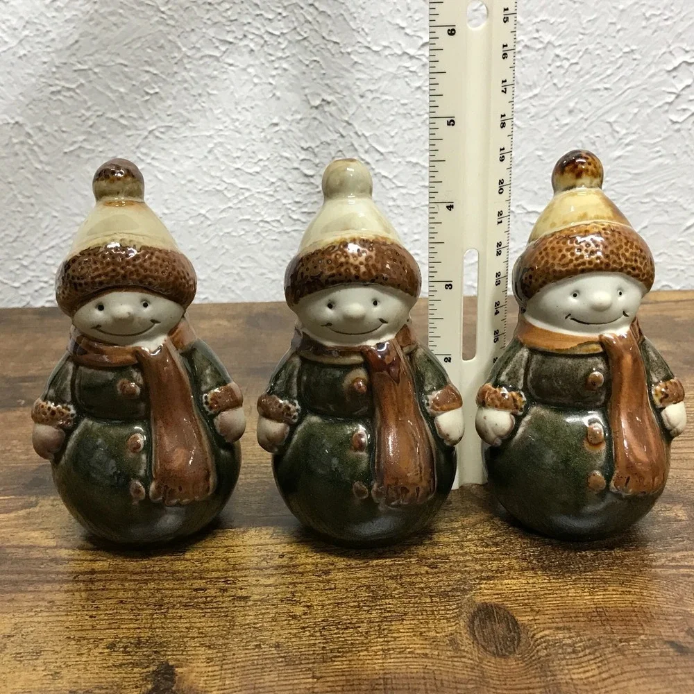 Ceramic Glazed Snowmen Lot of 3 Green‎ Brown Christmas 4.5